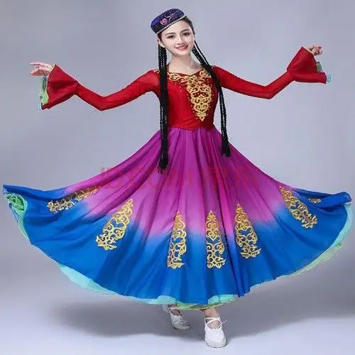 维吾儿族舞蹈服新疆舞服装女演出服大摆裙少数民族舞蹈服装套装 花色