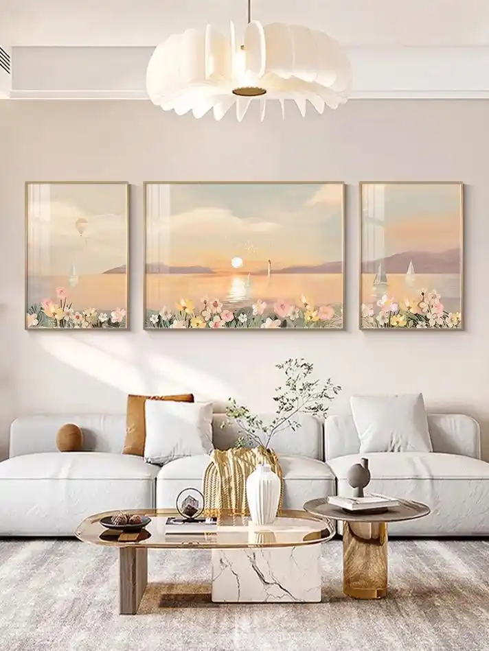 优然北欧风客厅装饰画唯美花海沙发背景墙挂画三联画壁画私人订制
