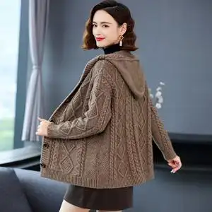 秋季针织开衫女2022年新款秋冬加厚粗线外搭上衣春秋连帽毛衣外套