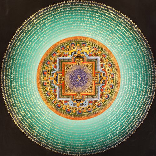 唐卡西藏手绘尼泊尔纯手工75厘米光晕六字真言经文坛城挂画壁画