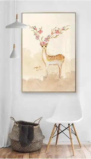 水彩麋鹿手绘装饰画小清新北欧油画动物麋鹿