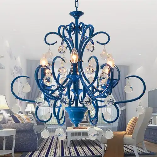地中海风格吊灯 客厅餐厅卧室水晶灯欧式铁艺美式乡村蓝色布罩灯
