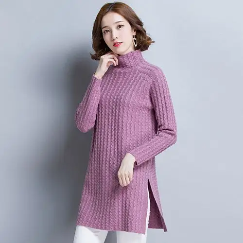 时尚开叉简约花型100%纯羊毛高领中长款毛衣