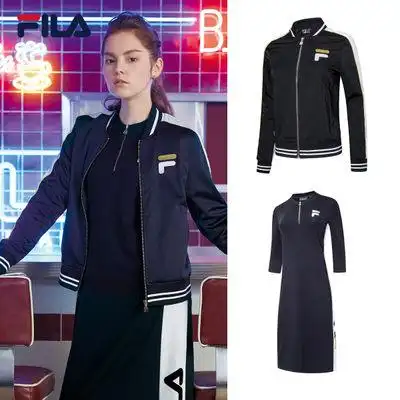 fila斐乐女运动套装2017秋季新款运动长裙拉链夹克两件套女_9折现价