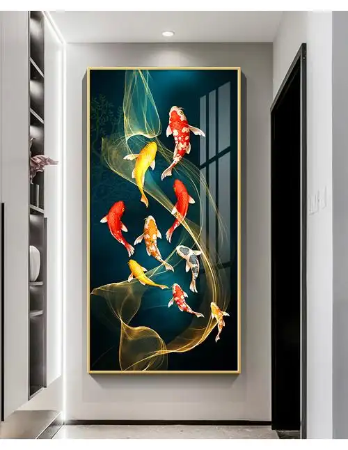 【支持定制】莫晨 九鱼图玄关装饰画新中式玄关画走廊壁画入户过道挂