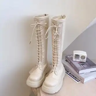 适合小个子穿的不过膝长靴长筒靴女骑士靴年秋冬新款白色厚底粗腿系带