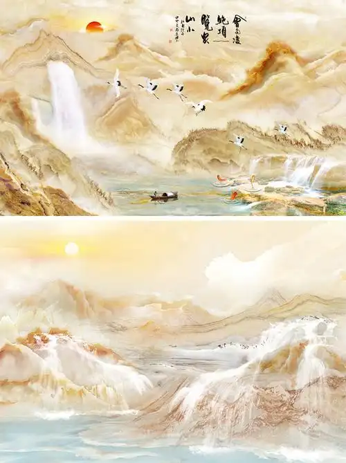 九仕丹顿新中式电视背景墙壁纸客厅沙发影视墙布8d大气仿大理石山水画