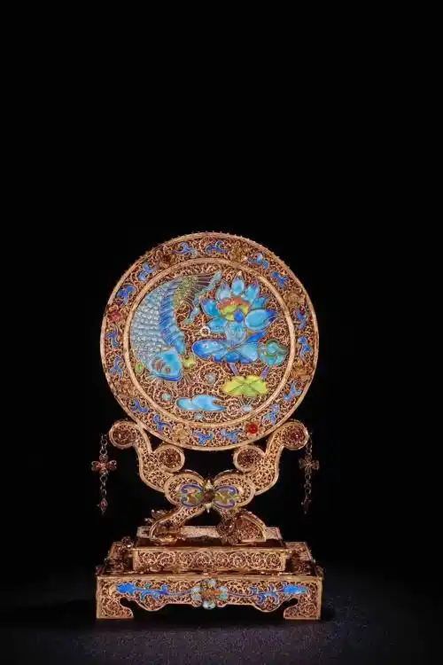 回流 宫廷风格 银鎏金掐丝镶红宝石屏风摆件