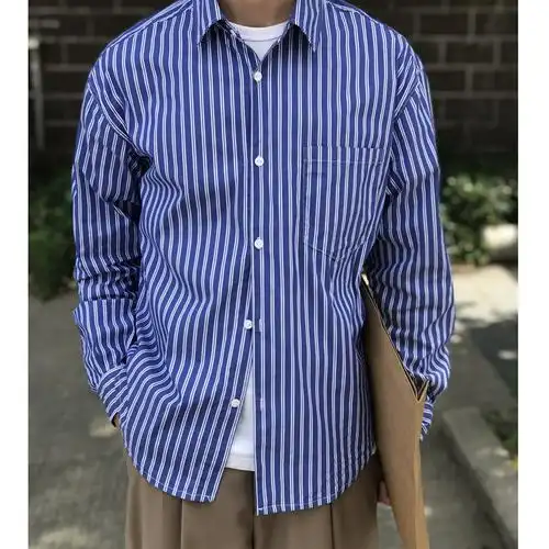 夏季宽松蓝色条纹长袖衬衫男潮日系复古休闲衬衫