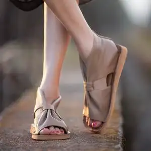 2021夏季新款套脚露趾平跟平底女鞋复古罗马鞋凉靴潮凉鞋真皮