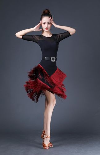 新新款拉丁舞演出服女成人艺考秋冬新款比赛服冰丝流苏连衣裙练