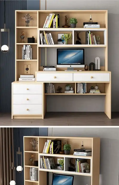 电脑台式家用卧室书桌书柜一体桌书架组合简约学生角落简易写字桌暖白