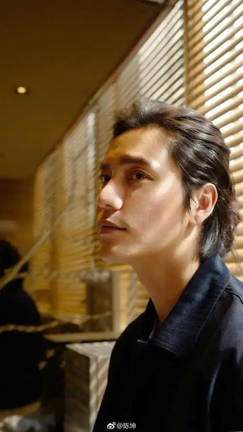 画面很有质感;另一张照片中的陈坤身穿黑色翻领上衣,长发拢向脑后