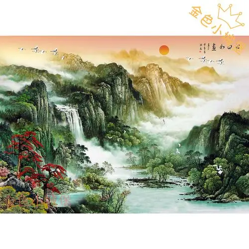 国画流水生财图瀑布风景山水画三维3d立体画光栅pet居家聚宝盆