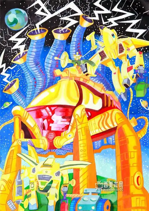 中学生环保科幻画地球闪电能源机