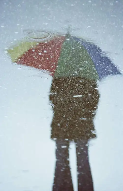 个年轻女性,仅一个女性,仅一个人,阴影,服装,反射,伞,液体,影子,雨伞