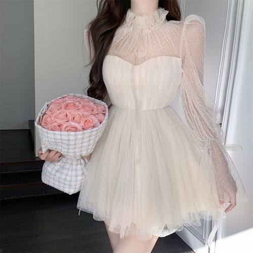 半高领植绒蝴蝶结波点网纱高腰连衣裙波点蕾丝蛋糕裙迷你拼接蓬蓬