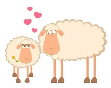 情侣在海滩上拿着冲浪板两只卡通笑羊恋爱中的矢量插图卡通恋爱中的