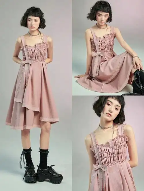 优质肌理感面料/ 宽肩带设计更加显瘦/ 单边点缀少女蝴蝶结/ 裙摆不