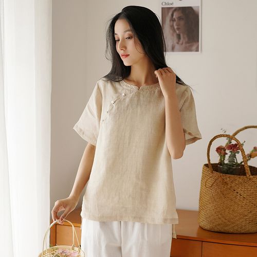 新中式棉麻女装2023夏季新款苎麻短袖上衣女刺绣复古女士t恤批发