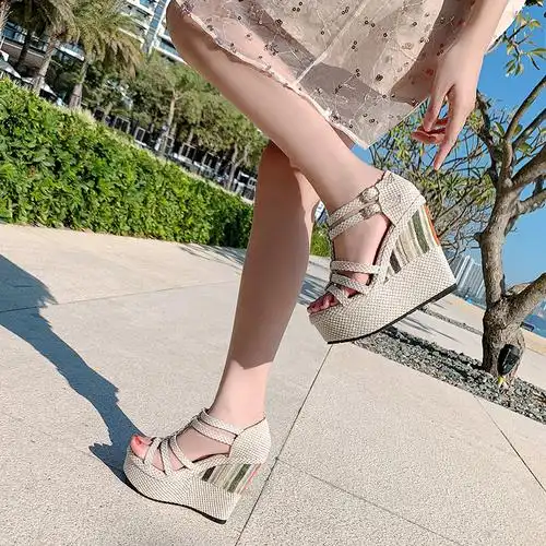 16cm超高跟鞋12公分坡跟民族风编织罗马镂空小码凉鞋模特走秀防滑