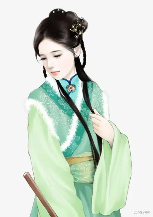 绿衣伤感古风手绘女子png素材透明免抠图片-卡通手绘