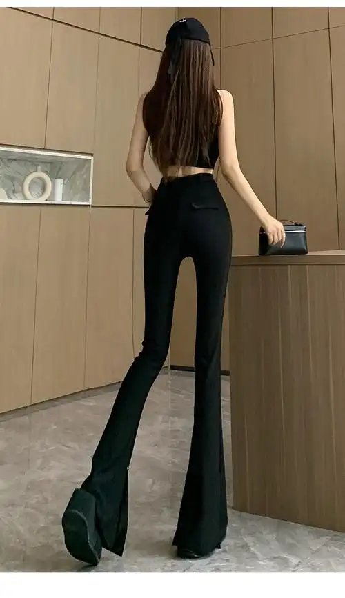 实拍黑色紧身内开叉微喇叭西装裤女夏季薄款高腰显瘦休闲拖地裤 - 17