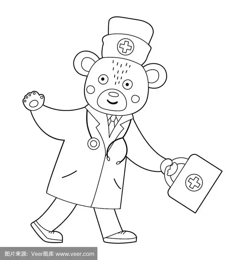 矢量轮廓熊医生拿着急救箱和挥舞他的手.可爱有趣的动物角色.