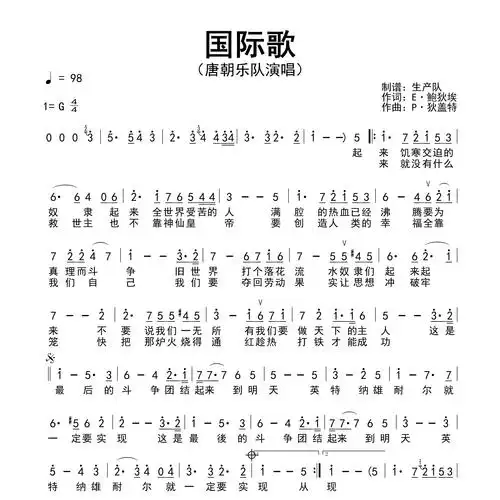 唐朝乐队《国际歌简谱》g调独奏