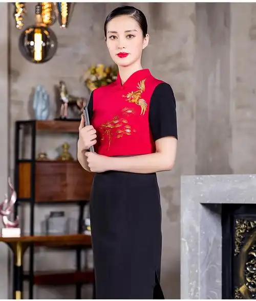 酒店迎宾女装饭店前台接待工作制服中式礼仪旗袍连衣裙长短袖