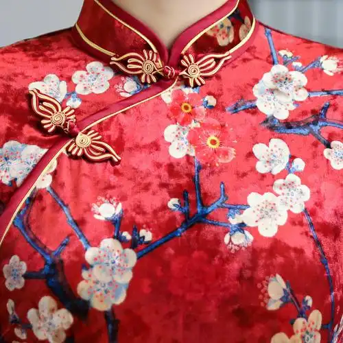 za小梅花大码丝绒中长款改良旗袍