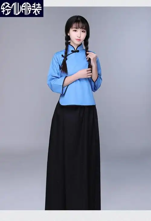 中山装毕业合唱演出班服民国学生装蓝色纯棉上衣中裙s155160cm胸围84