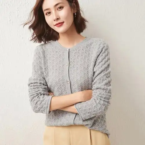 雪米贝奴21新款纯色镂空羊毛开衫女外套圆领针织毛衣外穿