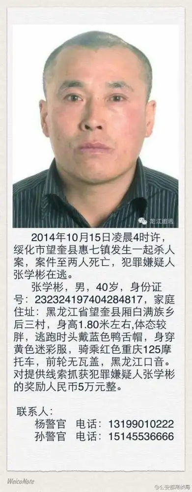 黑龙江发生杀人案致2人死亡警方悬赏5万缉凶
