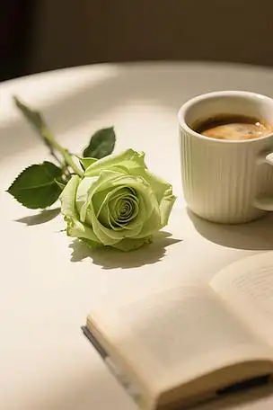 玫瑰花放在桌子旁边放着一杯咖啡和书