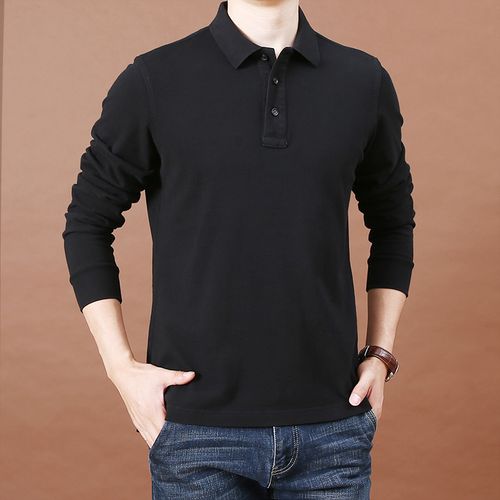 简顿时尚翻领厚款宽松长袖恤男春季水洗纯棉t恤