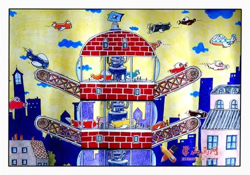 初中生一等奖获奖科幻画多功能飞机起降楼