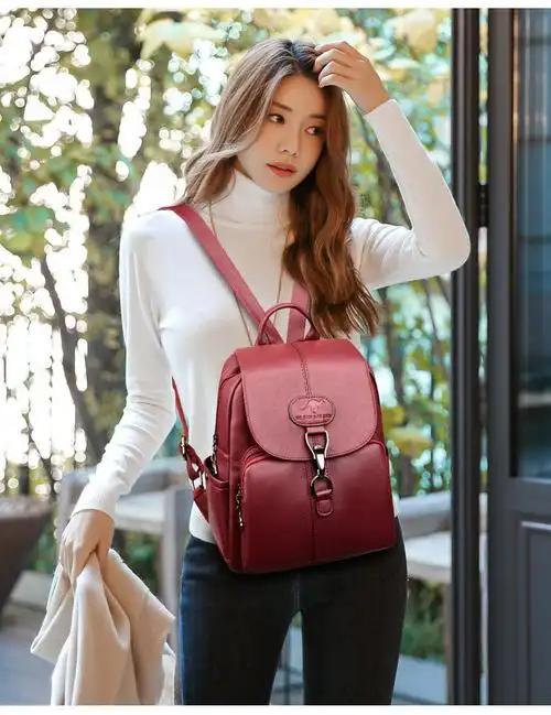 品牌袋鼠真皮大容量双肩包女休闲外出大容量背包牛皮中年女包黑色保证