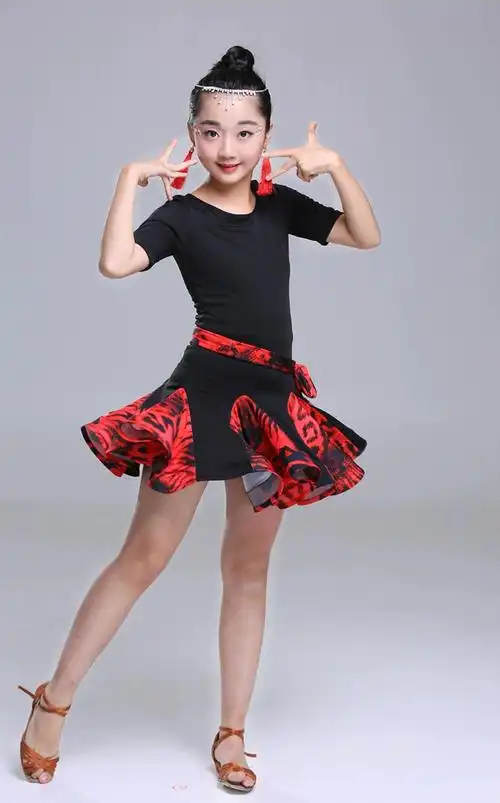儿童拉丁舞裙夏季演出服装女童表演舞蹈服长袖女孩拉丁比赛练功服