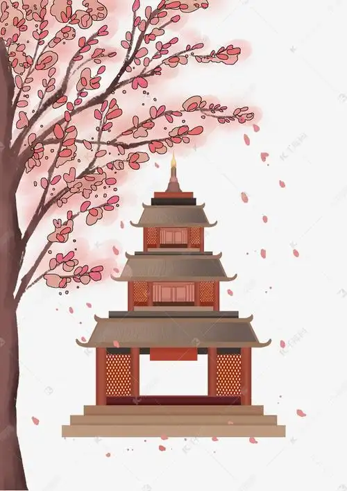 免抠元素 古风 手绘扁平风格寺庙小景版权可商用有保障