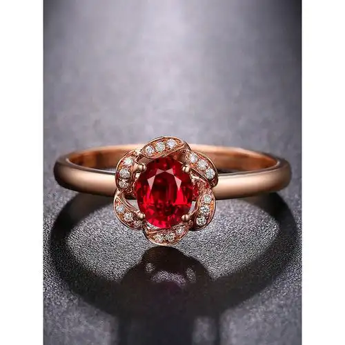 珠宝王国zbwg18k金钻石镶红宝石戒指女款玫瑰花18k彩金钻饰彩宝宝石