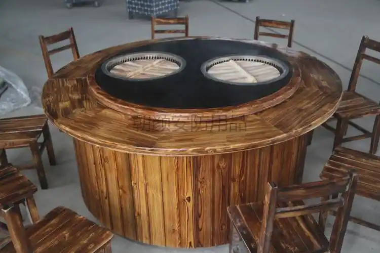 炖柴火鸡自吸式土灶台火锅桌柴火鱼定制订做16米旋转两锅烧炭官方标配