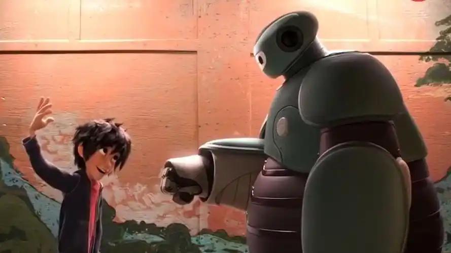 超能陆战队 小宏教大白碰拳,大白表现太可爱了,简直被它萌了一脸