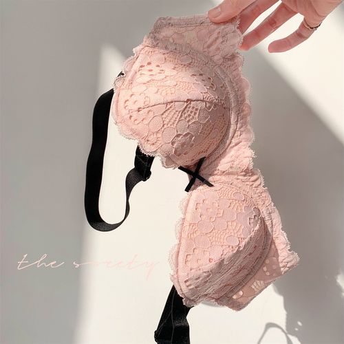 9少女女蕾丝法式内衣大胸显小文胸套装超薄款胸罩内裤聚拢性感粉色已