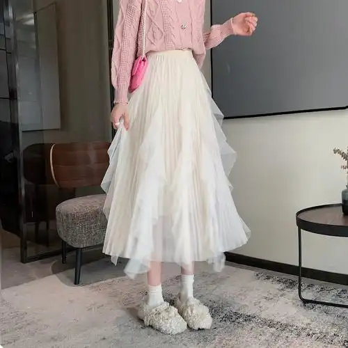 纱裙高级半身2021新款秋冬季高腰仙女中长设计半身裙