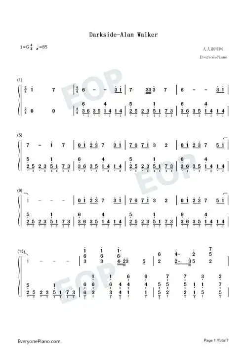 darkside-alan walker双手简谱预览1