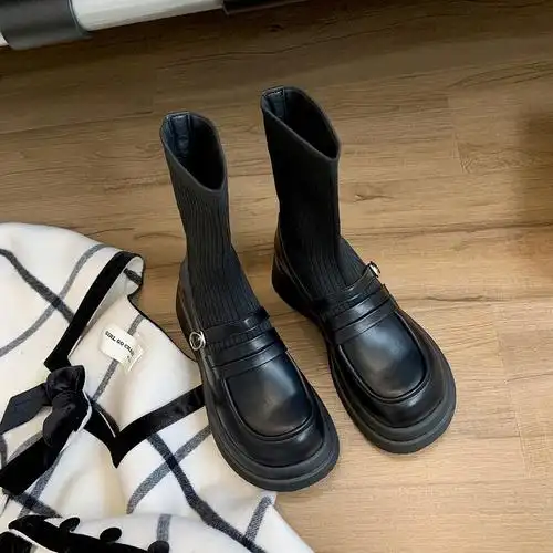 显腿长连袜靴子女英伦风学院弹力连袜圆厚底一字时尚休闲鞋