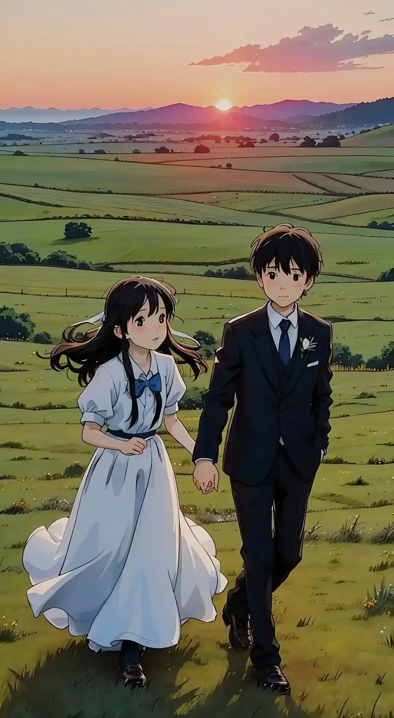 短发男孩和长发女孩手牵手奔跑的背影,长发女孩穿着婚纱,男孩穿 - 抖