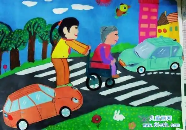 四年级尊老爱幼儿童画水彩画作品:推轮椅