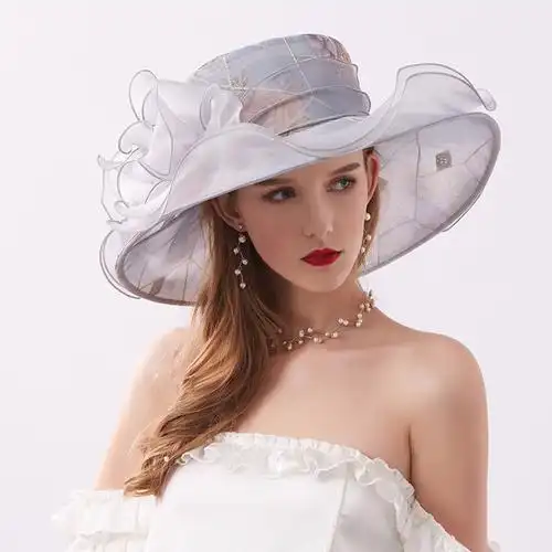 女夏时尚大檐欧根防晒太阳帽欧美新款刺绣网纱帽子